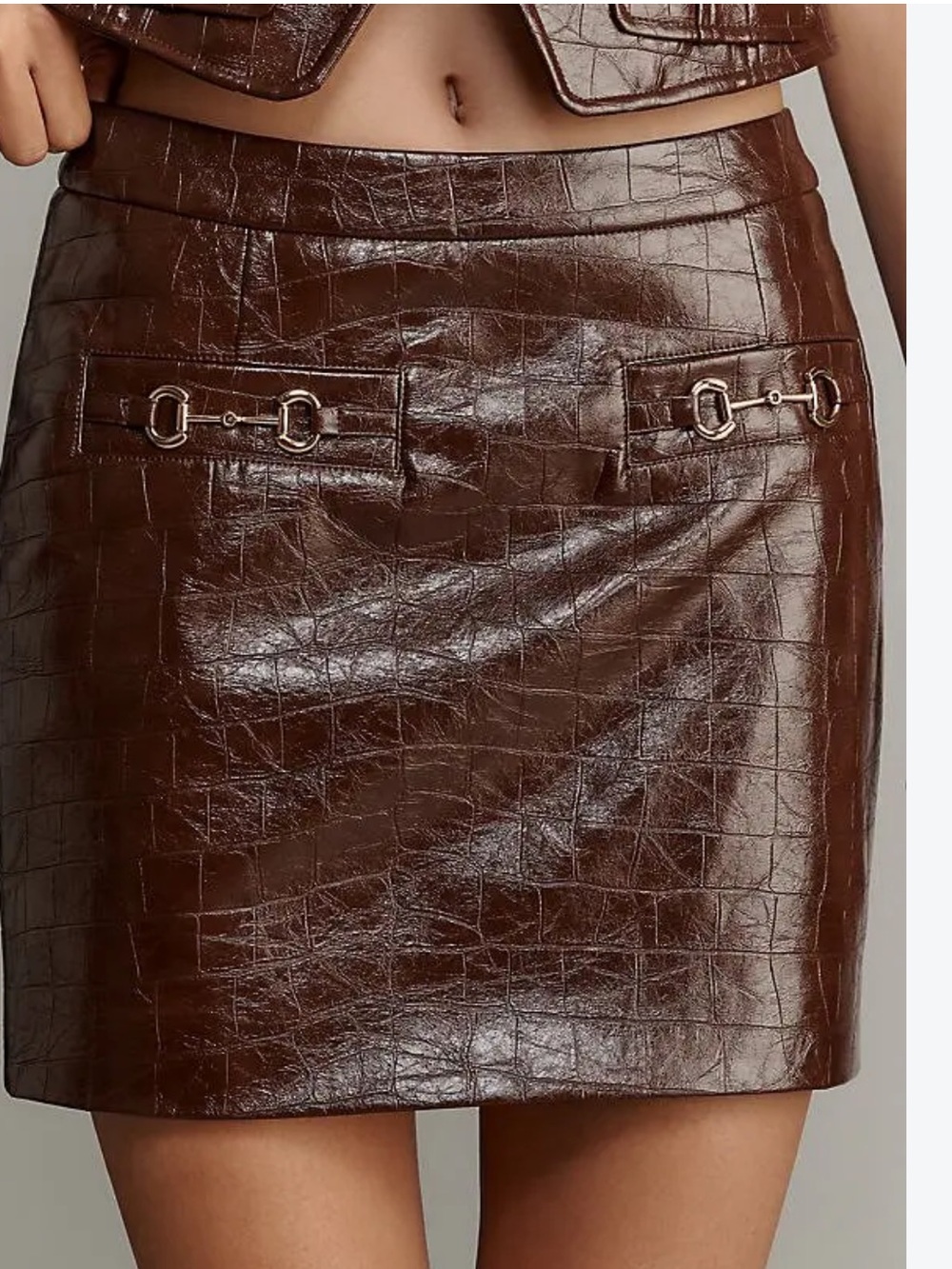 New Avec Les Filles Dark Brown Faux Croc Mini Skirt with Pockets. Size M